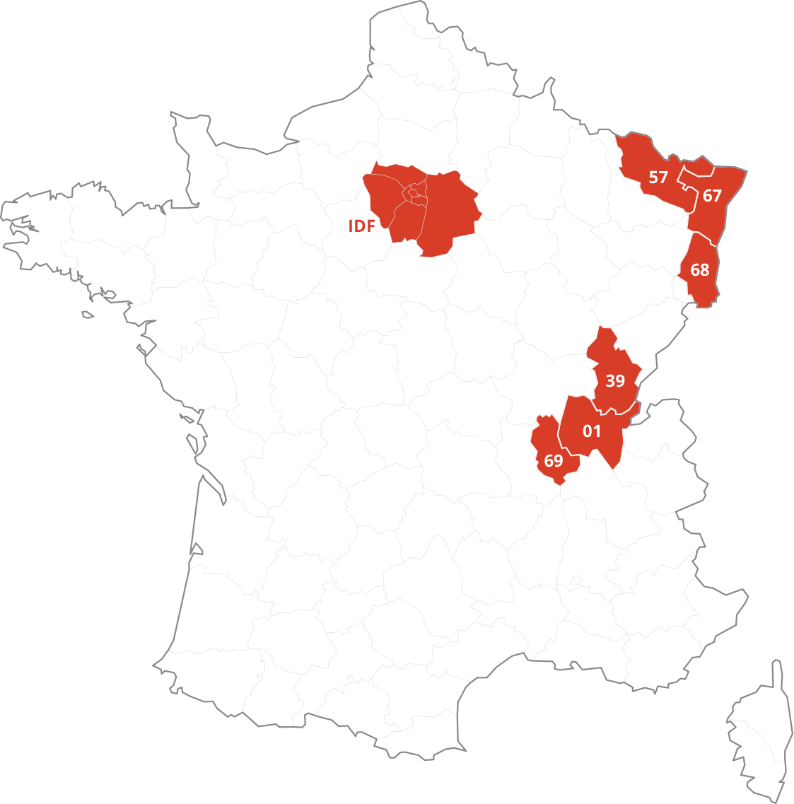 Carte de France : départements couverts en direct par l’agence (Moselle, Bas-Rhin, Haut-Rhin, Jura, Ain, Rhône) et Île-de-France